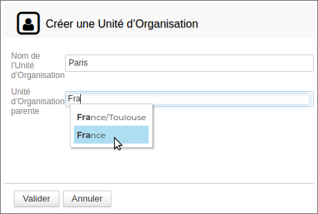 Boite de dialogue de création d'une OU