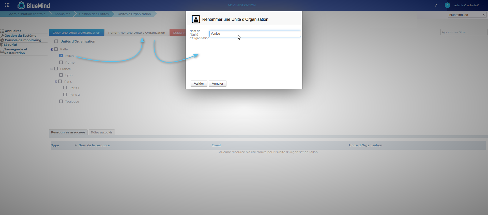 boite de dialogue de renommage d'une OU