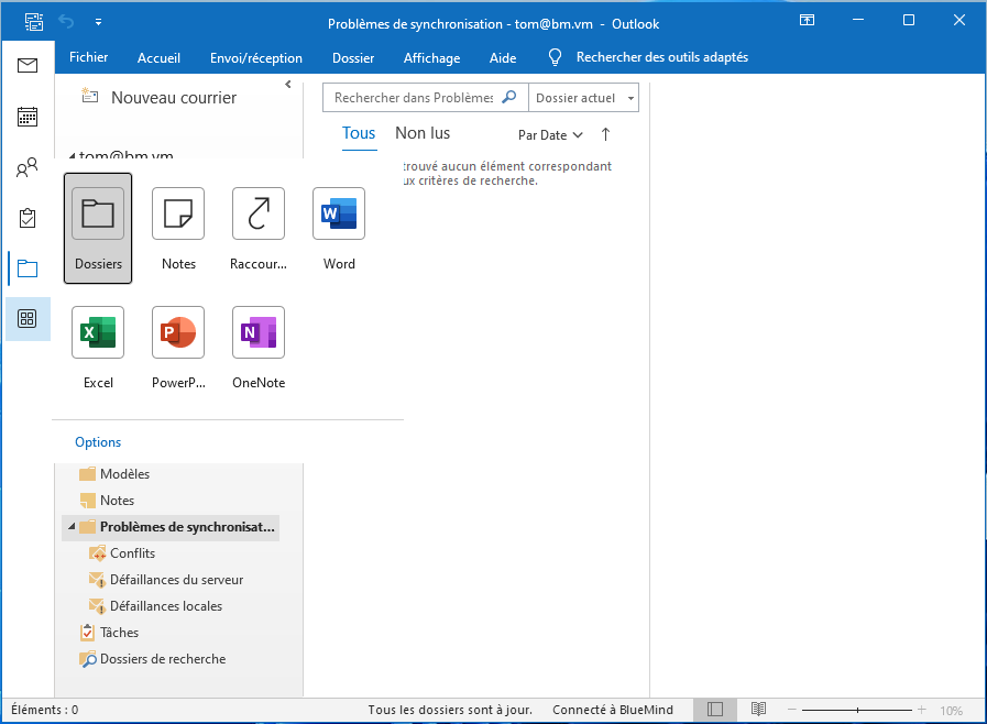 Ouverture de l'application "Dossiers" d'Outlook