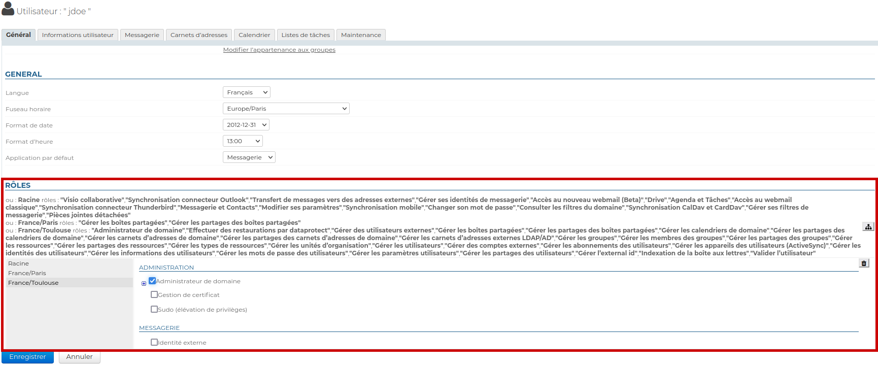 Interface de gestion des rôles